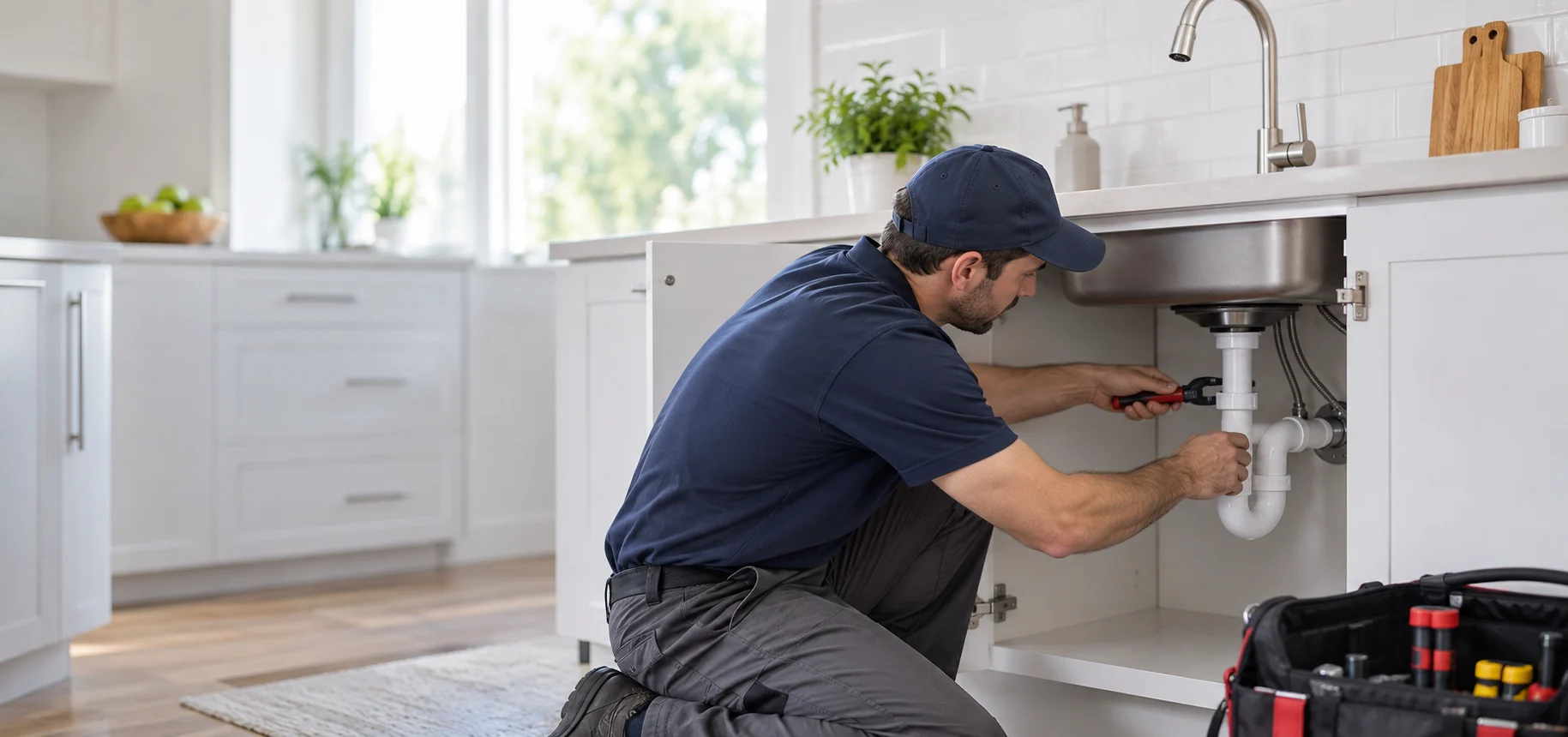 Plumber working under a residential kitchen sink